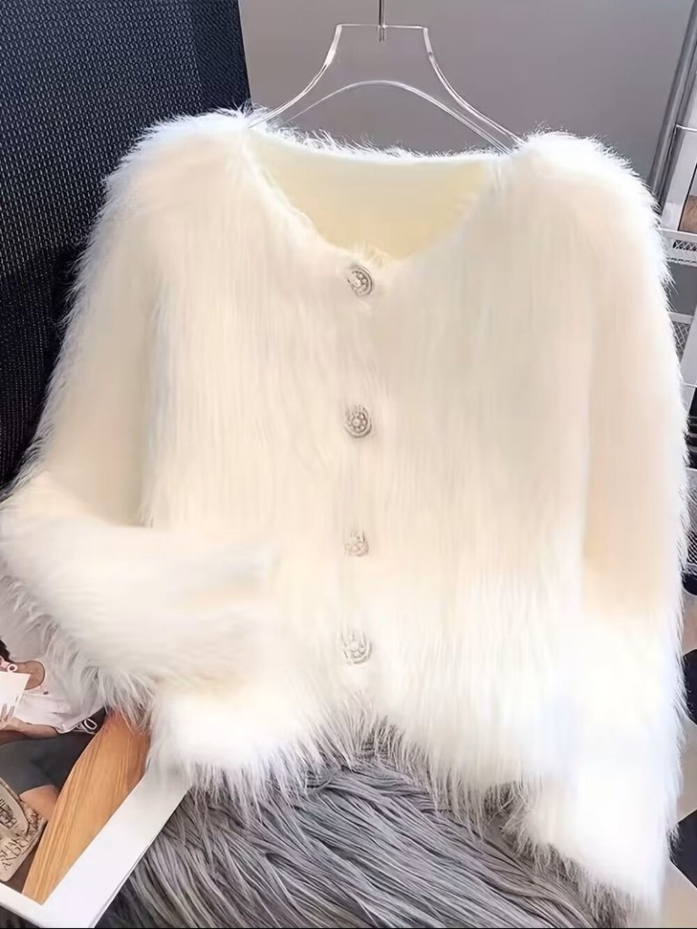 NEW Faux Mink Cardigan Luxury White Hair Needle Sweater Coat High-Quality Size M